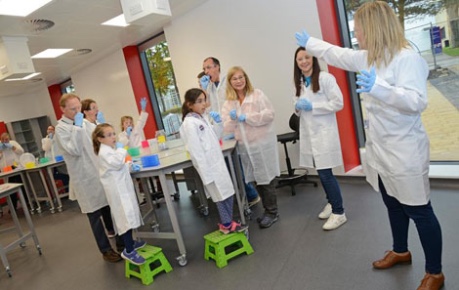 Photo of participants in a workshop in the teaching lab at the Easter Bush Science Outreach Centre 