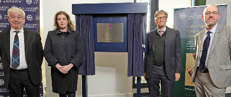 Photo of Penny Mordaunt, Bill Gates, Professor Geoff Simm, Professor Sir Timothy OShea at unveiling of plaque to launch Global Academy of Agriculture and Food Security - credit UofE