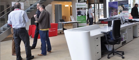 photo of Tenant Showcase held in Roslin Innovation Centre atrium with promotion banners for Greengage, Kajeka and Roslin Technologies