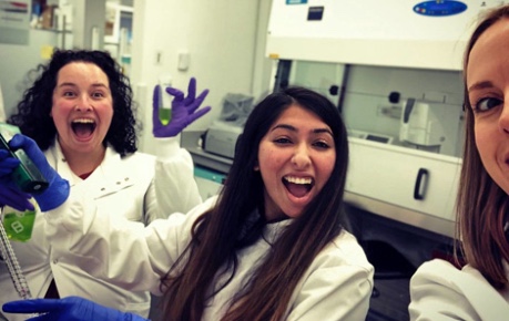 Cytochroma, Carcinotech and RIC team members producing hand sanitiser in Roslin Innovation Centre lab