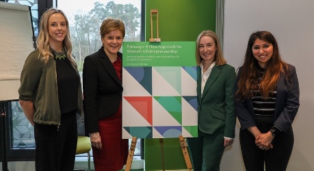 First Minister Nicola Sturgeon pictured with Dr Kate Cameron of Cytochroma, Ana Stewart and Ishani Malhotra of Carcinotech