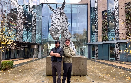 PhytoVenomics founders Tristan Farmer and co-founder Arvaan Mukherjee outside Roslin Innovation Centre