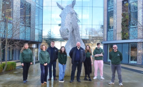 Carbogenics group outside Roslin Innovation Centre by Canter statue - credit Carbogenics